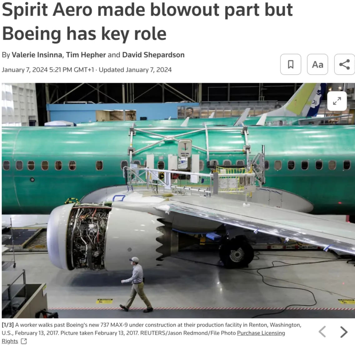 Reuters article about Spirit Aero manufacturing the Boeing 737 MAX 9 blowout part, with an aircraft under construction at a Boeing facility