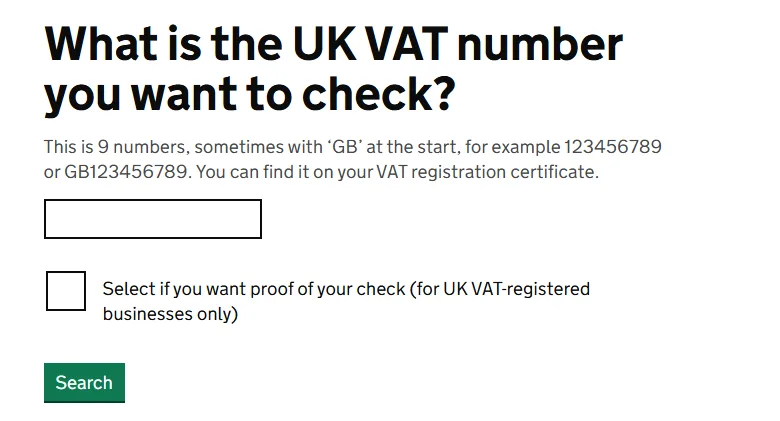 UK VAT number checker with a search field and option to request proof of the check