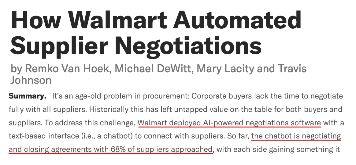 Walmart case study on using AI-powered software to automate supplier negotiations