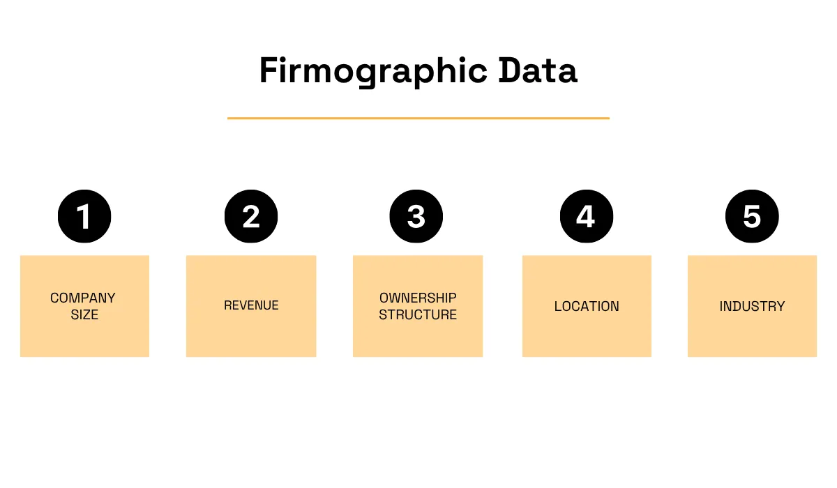 Firmographic data infographic showing company size, revenue, ownership structure, location and industry