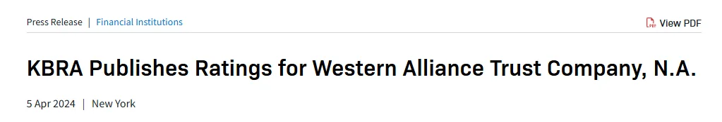 KBRA press release announcing ratings for Western Alliance Trust Company, N.A.