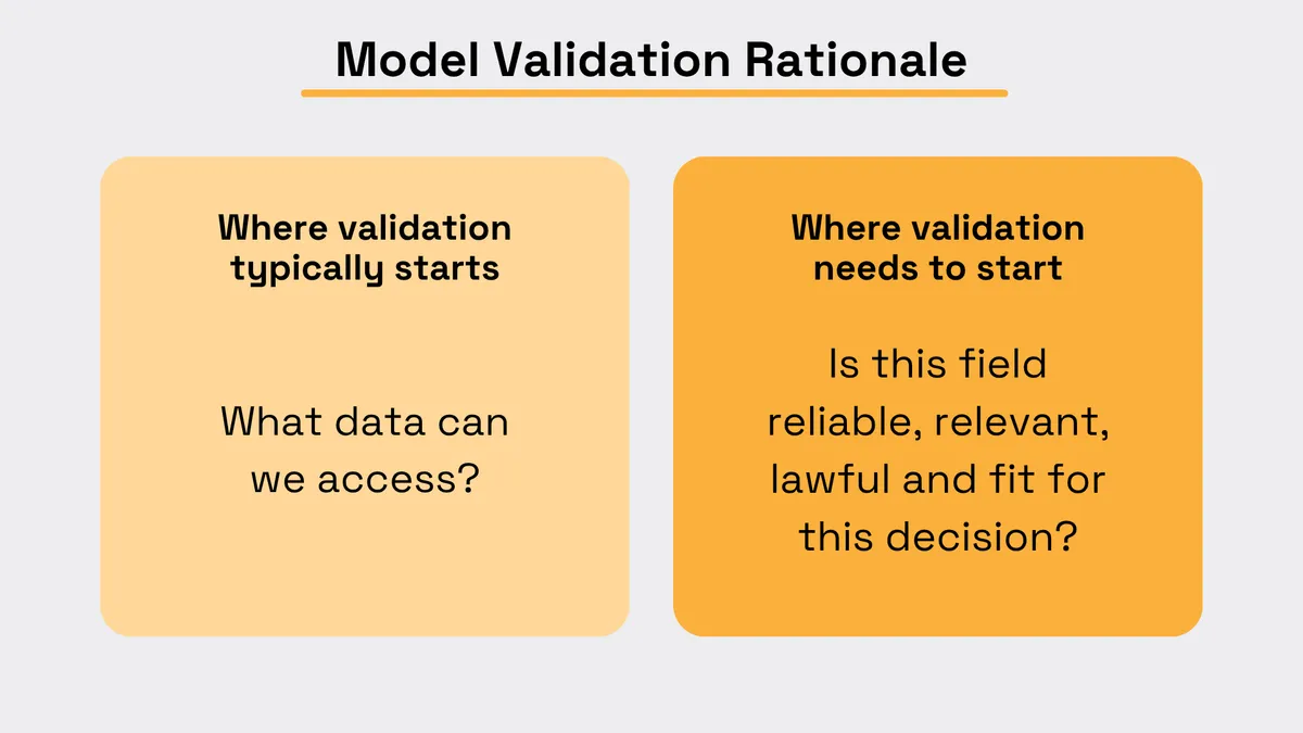 Model validation should begin by checking whether each input is reliable, relevant, lawful, and appropriate for the decision