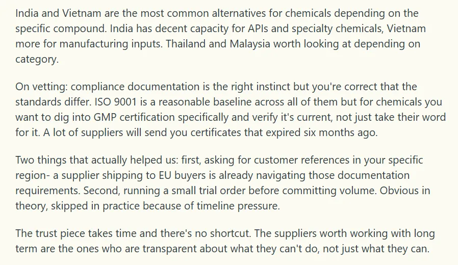 Supplier vetting advice recommending ISO 9001 and GMP verification, regional customer references, and a small trial order