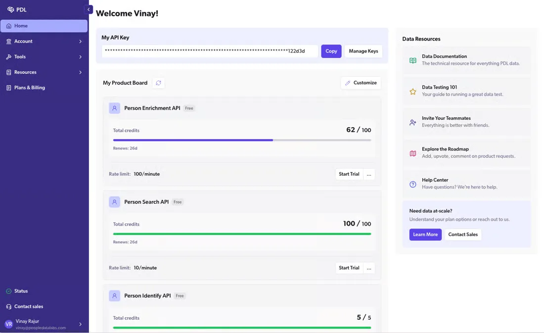 People Data Labs dashboard
