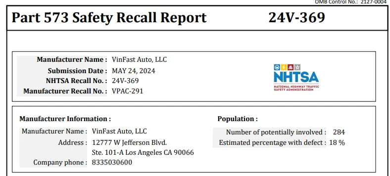 NHTSA safety recall report 24V-369 for VinFast Auto LLC