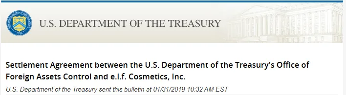 U.S. Treasury OFAC settlement agreement with E.l.f. Cosmetics dated January 31, 2019