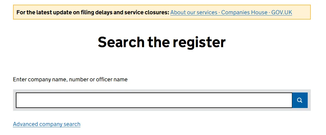 Companies House register search page with a field for entering a company name, number or officer name