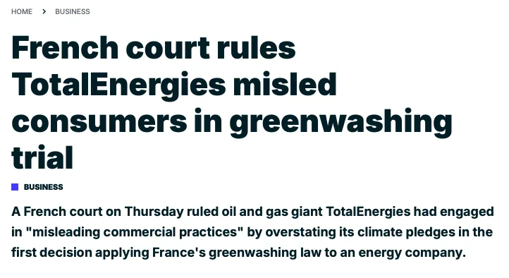 Headline reporting a French court ruling against TotalEnergies over misleading greenwashing claims