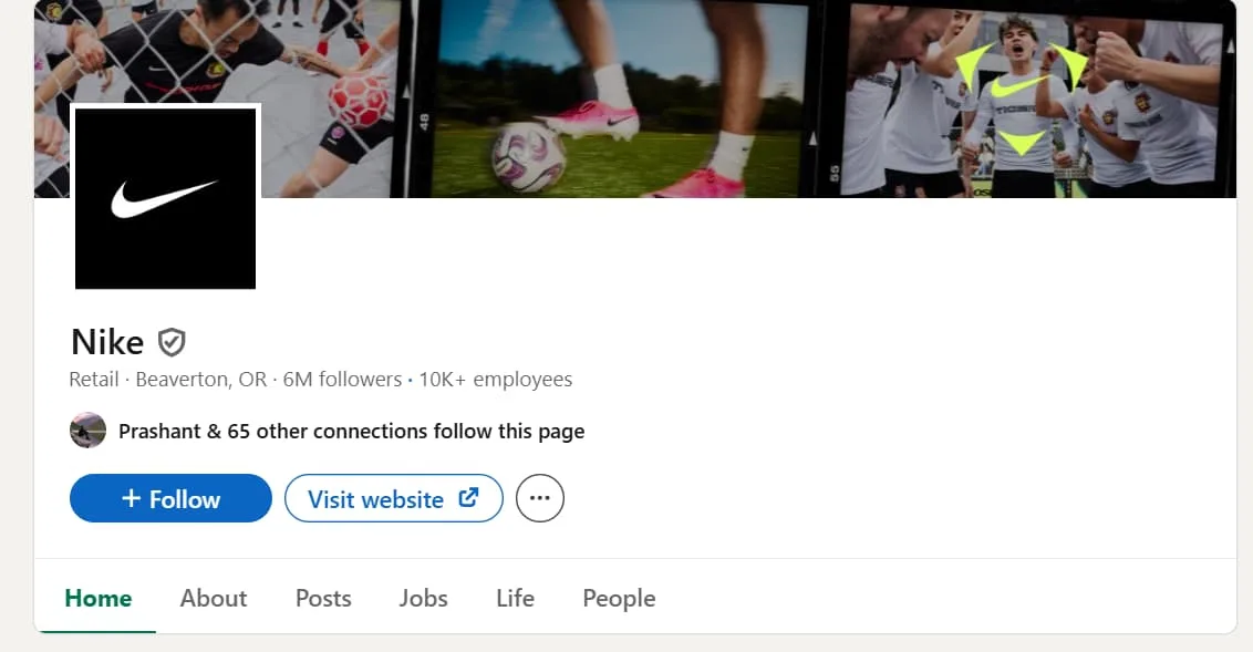 Nike LinkedIn company page classified under Retail