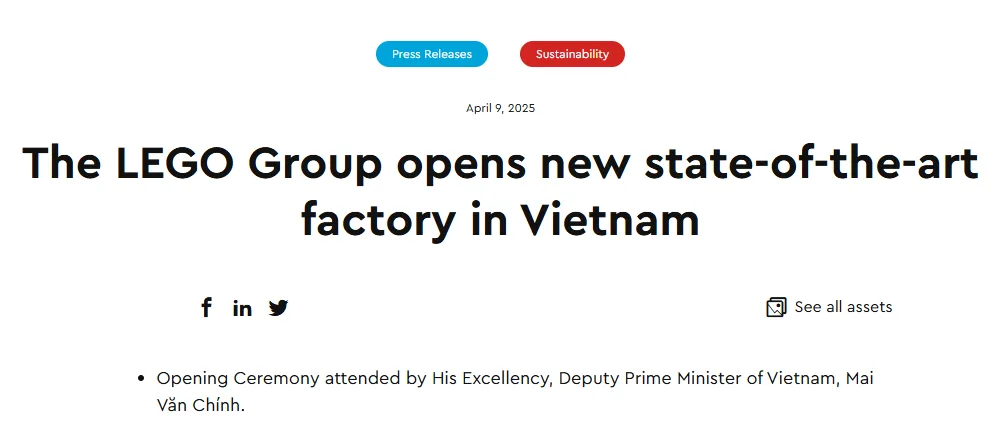 LEGO Group press release announcing a new factory in Vietnam