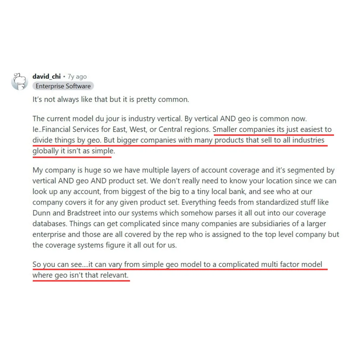 Reddit comment explaining that sales territories can range from simple geographic segmentation for smaller companies to complex models combining industry vertical, geography, product set, account hierarchy, and standardized company data for large enterprises