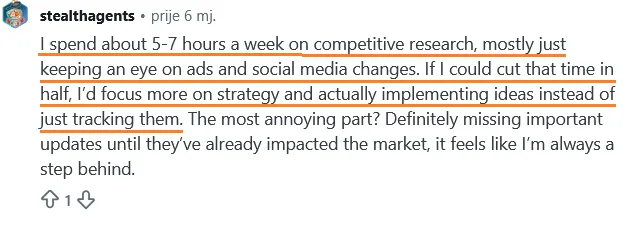Reddit comment about spending 5-7 hours a week on competitive research and missing important market updates