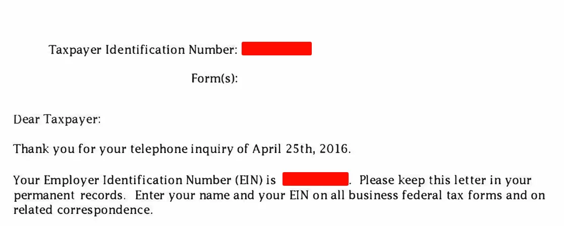 IRS letter confirming an Employer Identification Number for a business
