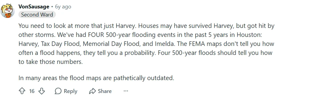 Reddit comment about outdated FEMA flood maps and repeated Houston flooding