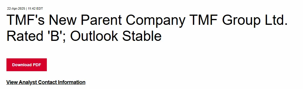 Credit rating announcement for TMF Group Ltd., rated B with a stable outlook