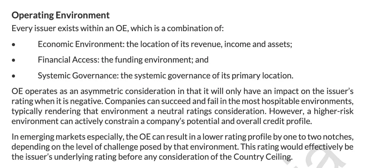 Operating environment matters because economic conditions, funding access, and governance can constrain credit quality
