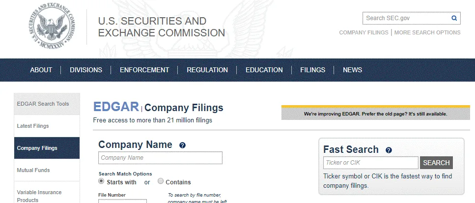 SEC EDGAR company filings search screenshot