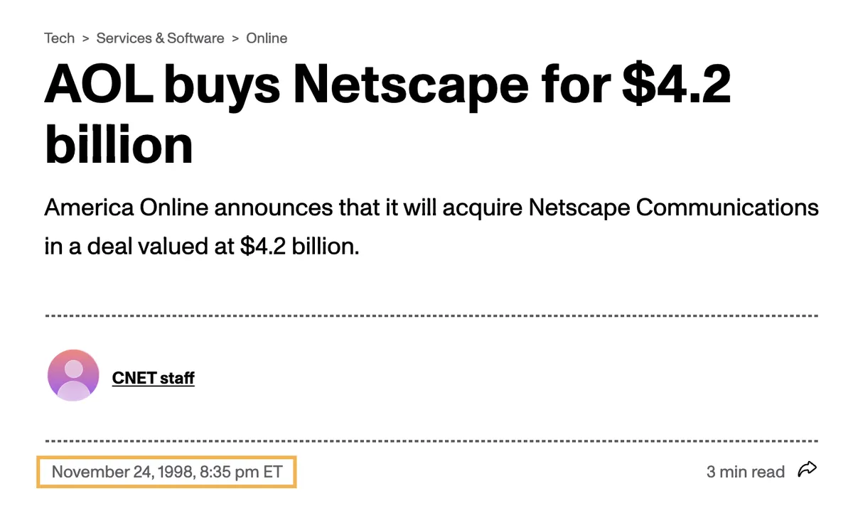 Screenshot of a CNET article from November 24, 1998 announcing that AOL would acquire Netscape Communications in a deal valued at $4.2 billion