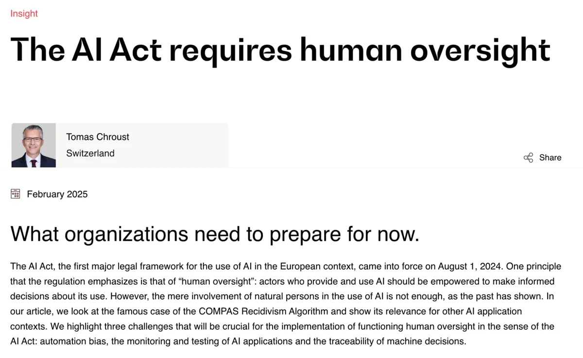 Screenshot of an article titled “The AI Act requires human oversight,” dated February 2025, discussing human oversight, automation bias, monitoring, testing, and traceability in AI applications